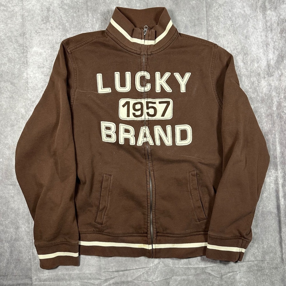 Lucky Brand Vintage Mens XL Full Zip Sweatshirt Brown Varsity 1957 Fleece Jacket